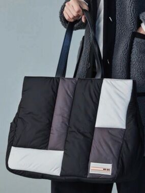 Quilted Colorblock Tote Bag in Black and Gray